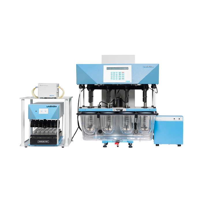 Labindia Analytical Dissolution Tester with sleek blue-white build, transparent vessel panel, and digital display for precise pharma dissolution analysis.